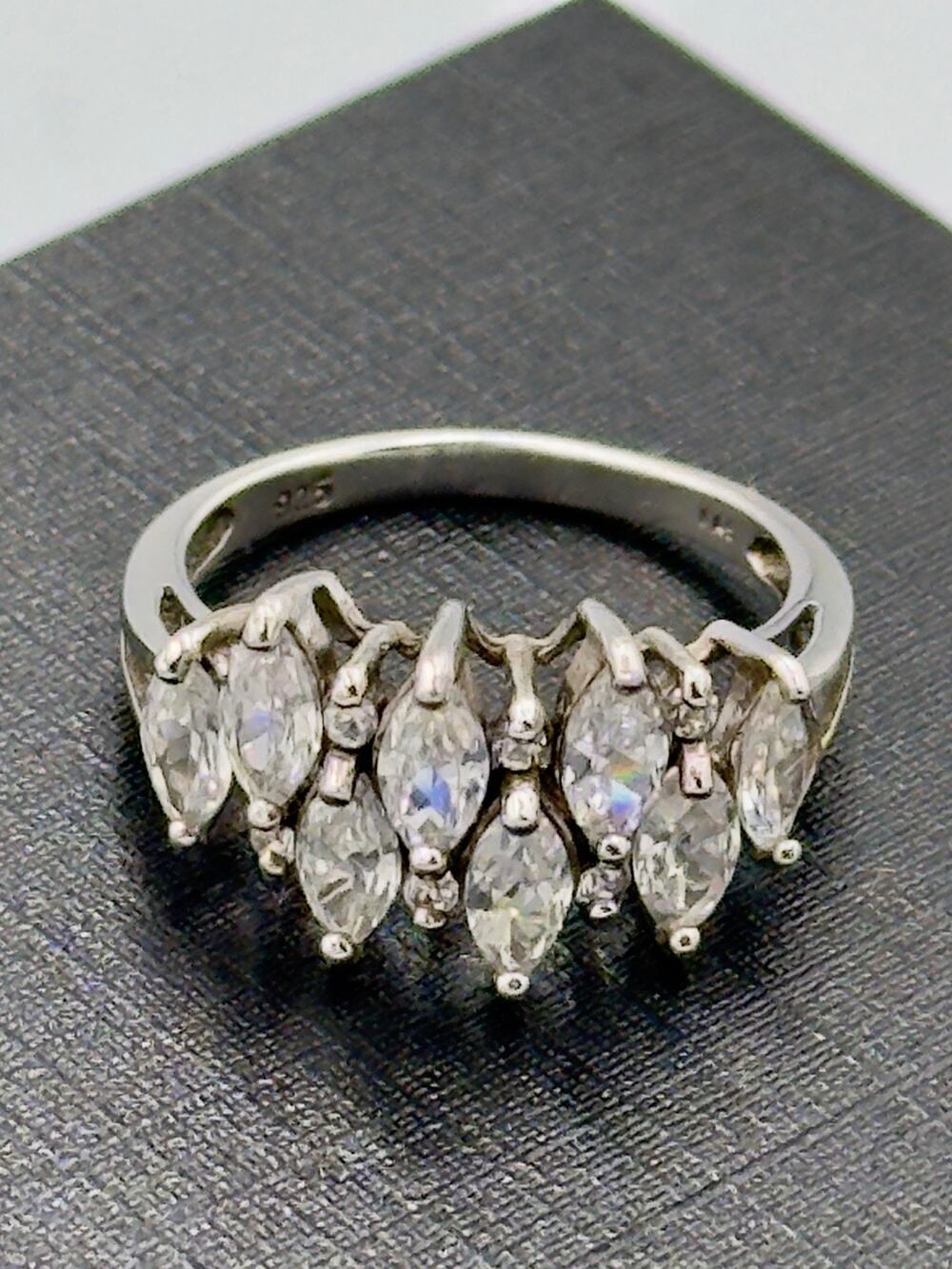 Vintage Diamonique 925 Sterling Silver Marquise CZ Cluster Ring Size 7.25 Statem